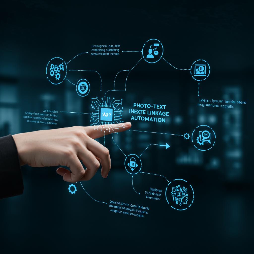 손가락이 ‘PHOTO-TEXT INEXTE LINKAGE AUTOMATION’이라고 표시된 AI 인터페이스를 가리키고 있으며, 주변에 데이터 처리, 보안, 분석, 네트워크 연결을 상징하는 아이콘들이 연결된 인포그래픽.
